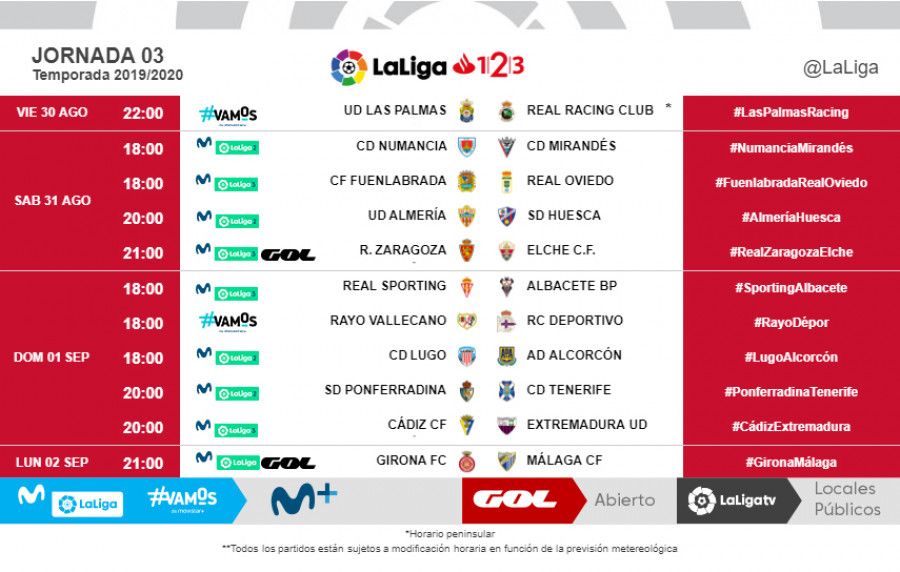 Horarios jornada 3 LaLiga 1|2|3 2019/20 Horarios jornada 3 LaLiga 1|2|3 2019/20