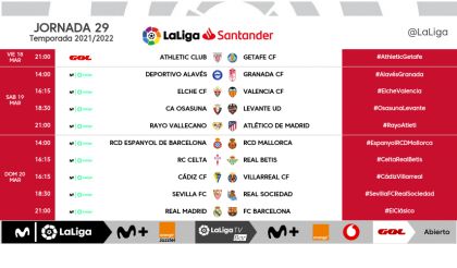 Horarios de la jornada 29 de LaLiga Santander 21/22