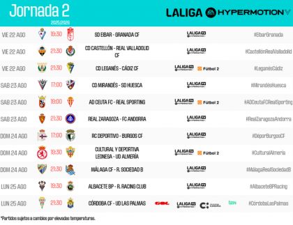Horarios de la segunda jornada de LALIGA HYPERMOTION 2025/26 | LALIGA