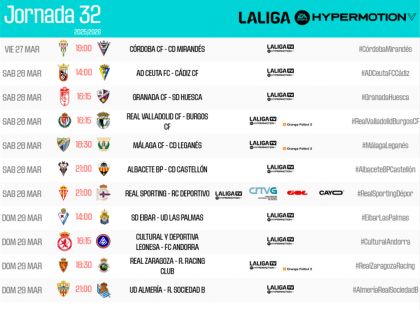 Horarios de la Jornada 32 de LALIGA HYPERMOTION 2025/26 | LALIGA